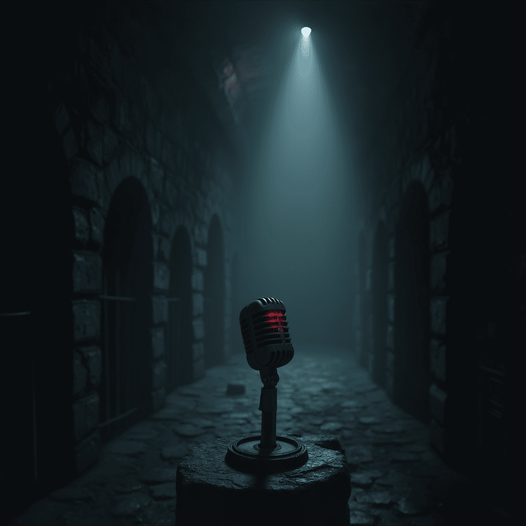 микрофон в мрачном коридоре Darkest Dungeon, символизирующий голос Уэйна Джуна и атмосферу игры