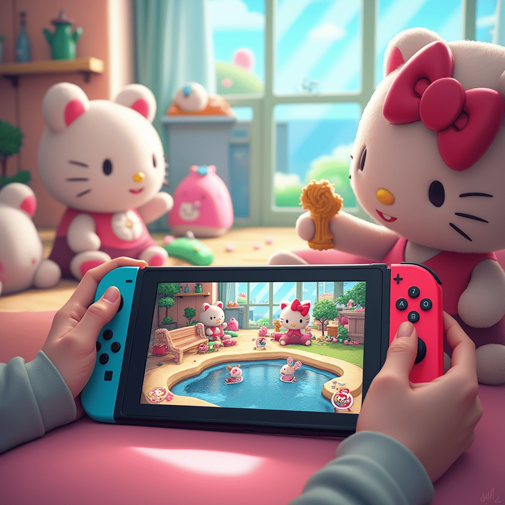 ребенок держит в руках Nintendo Switch с игровым процессом Hello Kitty Island Adventure