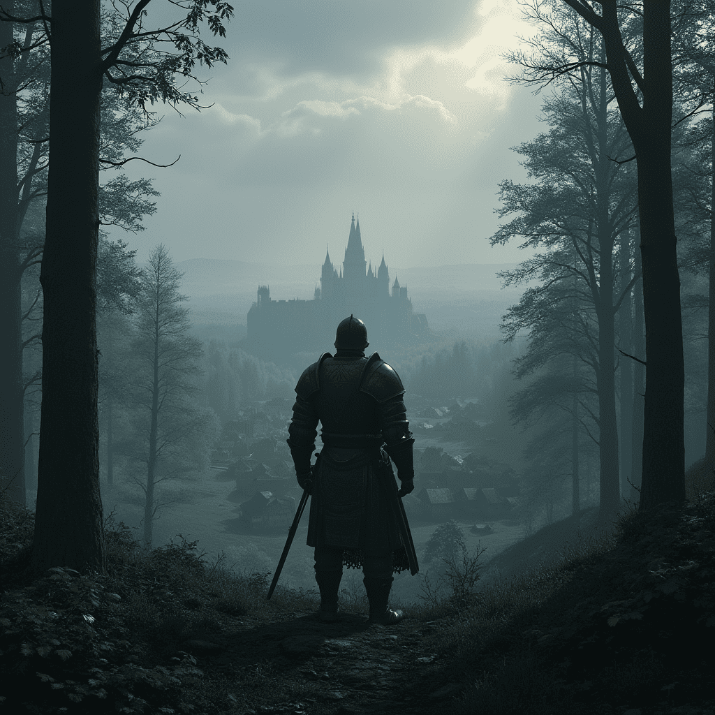 герой игры Kingdom Come: Deliverance 2, в доспехах, на фоне открытого мира с лесами, деревнями и историческим городом, отражающим атмосферу Средневековья